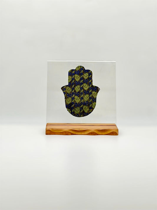 Khamsa on Acrylic with olive wood stand