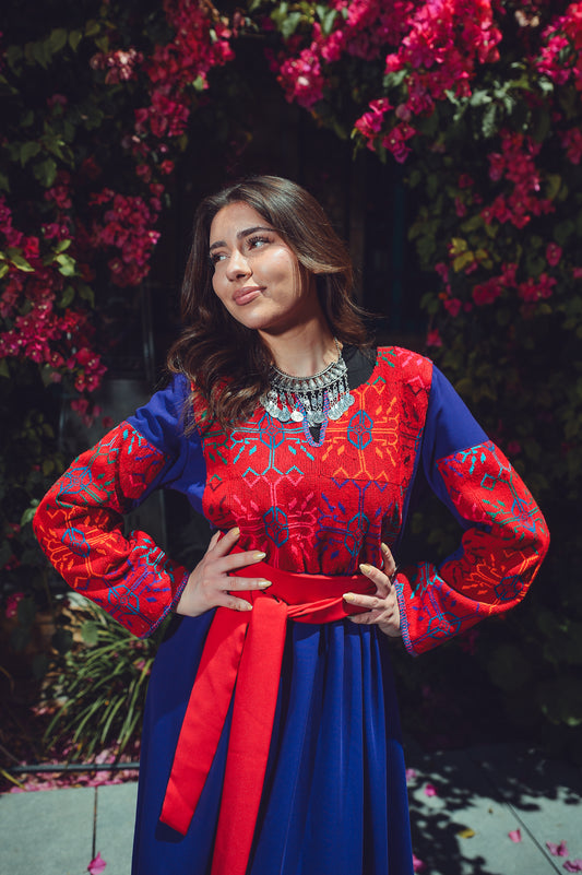 Deep Lilac Dress with Vintage Sab’awi Embroidery & Red Silk Belt