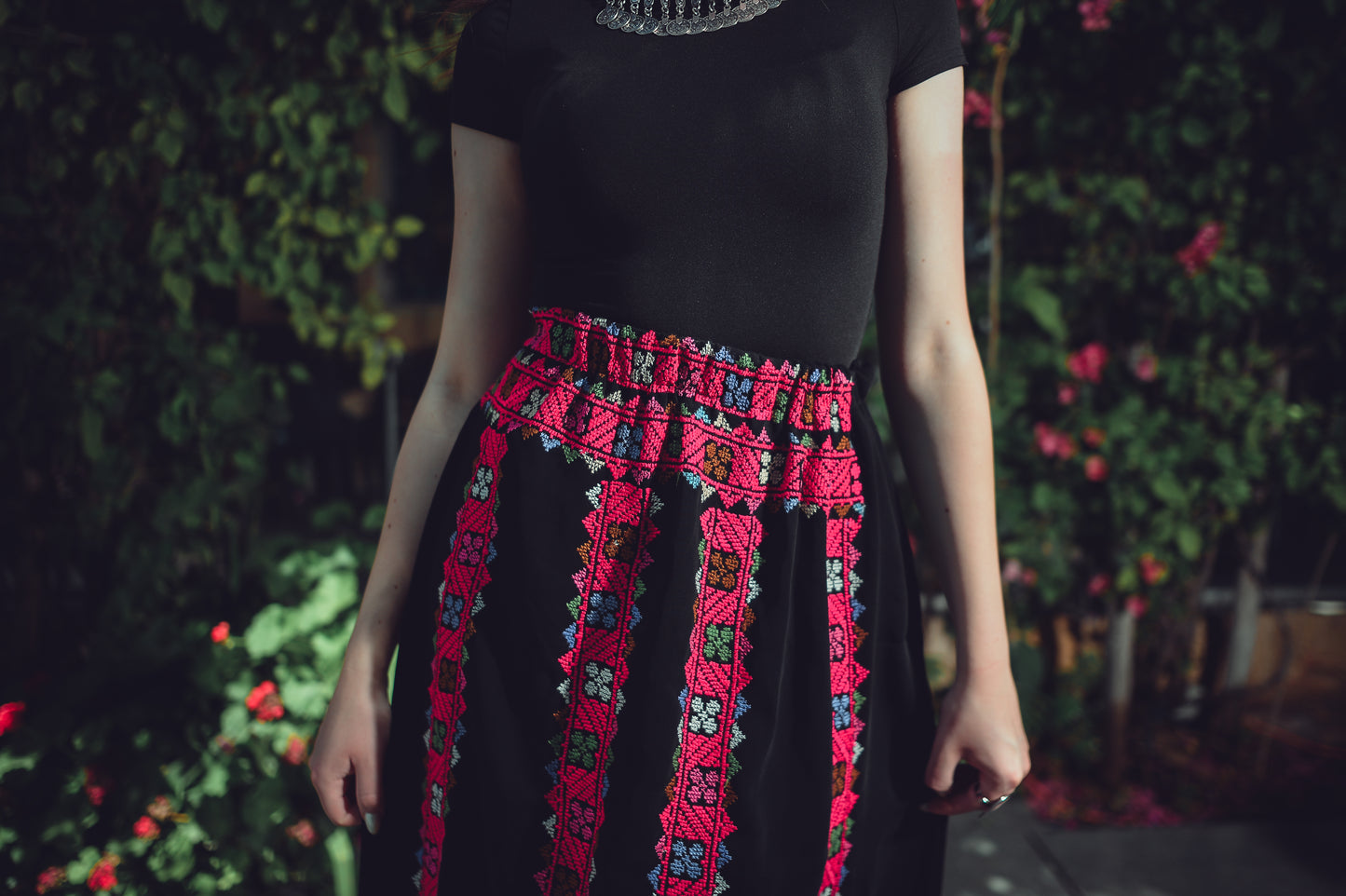 Black Skirt with Fuchsia Embroidery