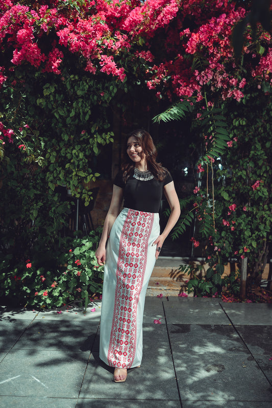 White Skirt with Red Embroidery – Front Detail