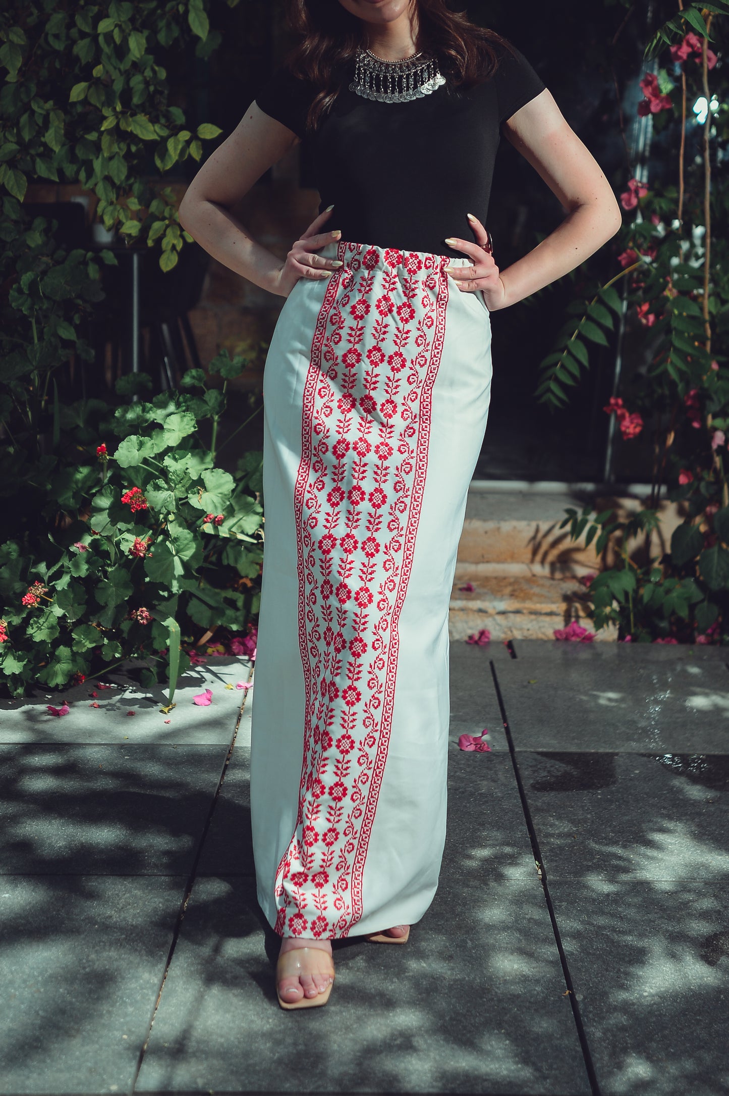 White Skirt with Red Embroidery – Front Detail
