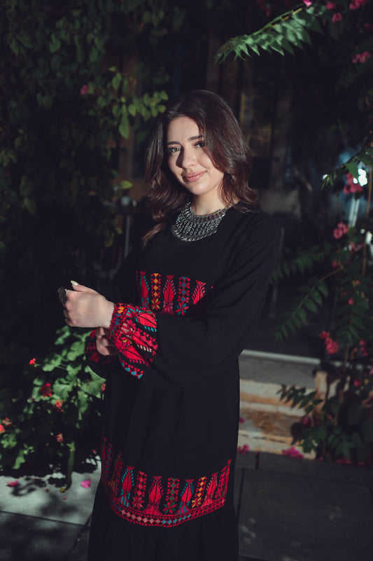 Black Dress with Traditional Hand Embroidery & Bold Back-Tie Belt