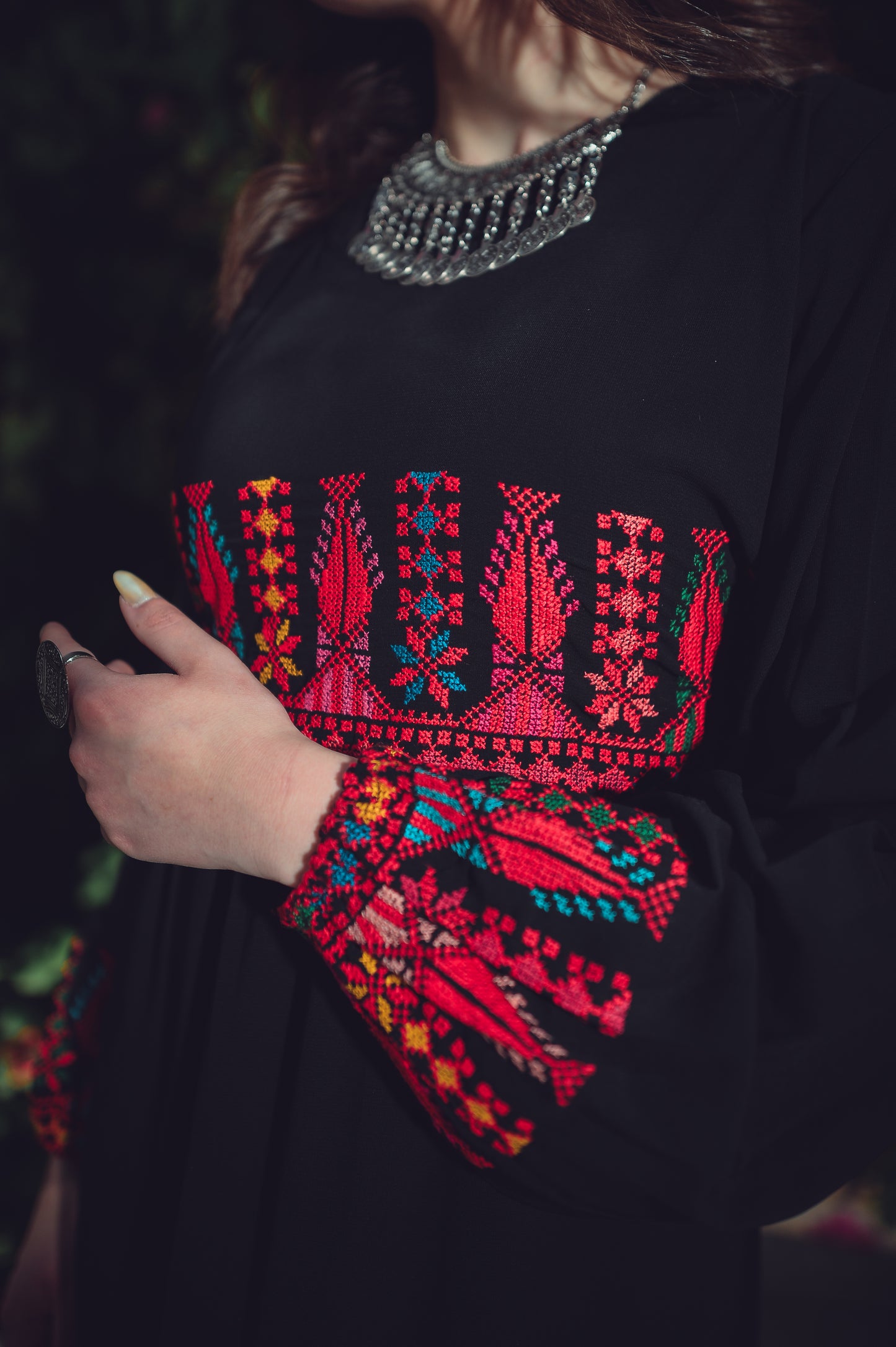Black Dress with Traditional Hand Embroidery & Bold Back-Tie Belt
