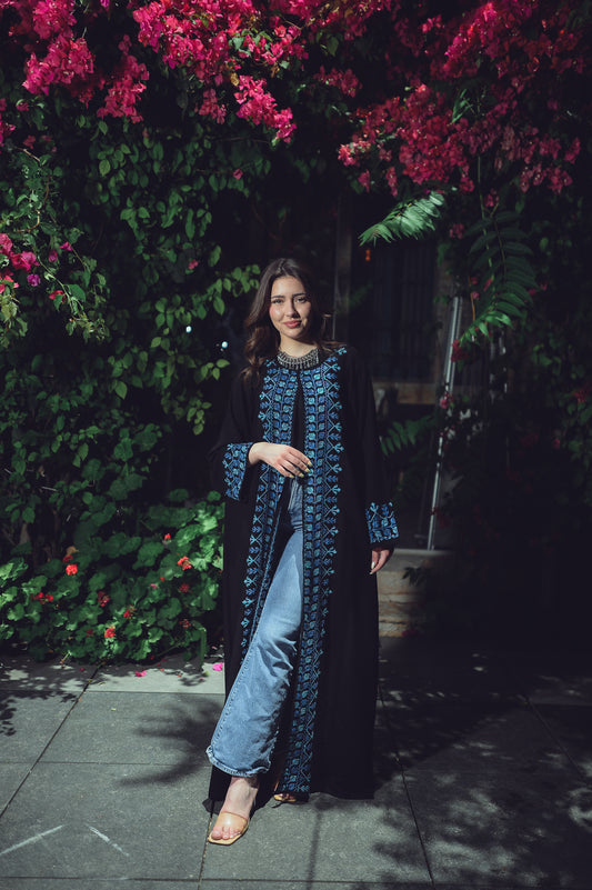 Black Crepe Abaya – Hand-Made Blue Embroidered Accents