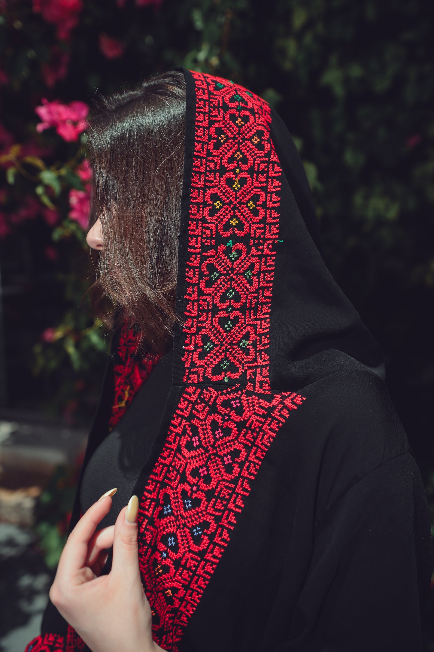 Black Crepe Abaya with Red Hand Embroidery &Attached Cap