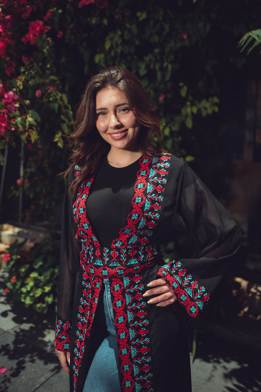 Black Sheer Chiffon Abaya – Hand-Made Red & Blue Embroidery with Waist Belt