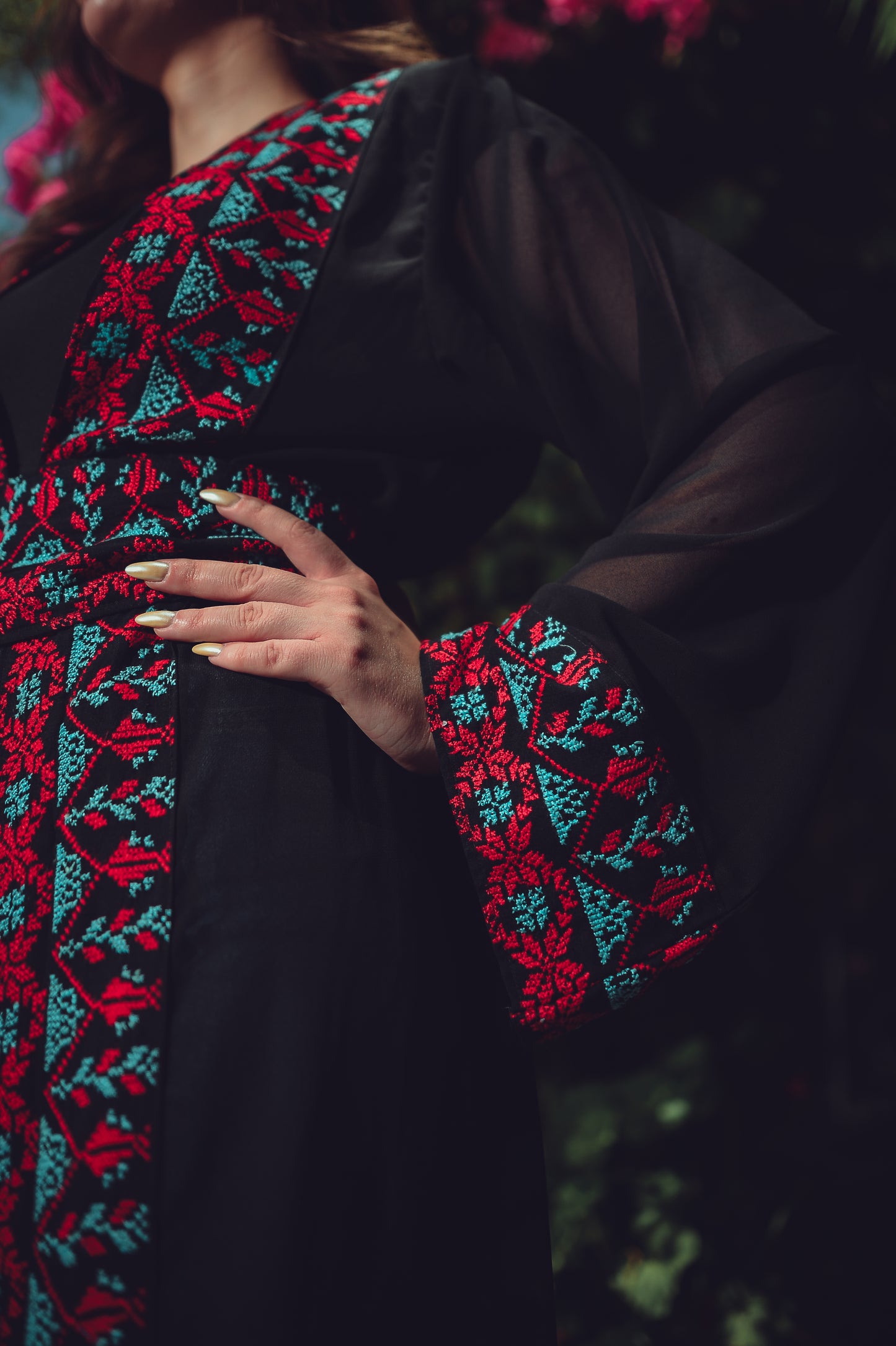 Black Sheer Chiffon Abaya – Hand-Made Red & Blue Embroidery with Waist Belt