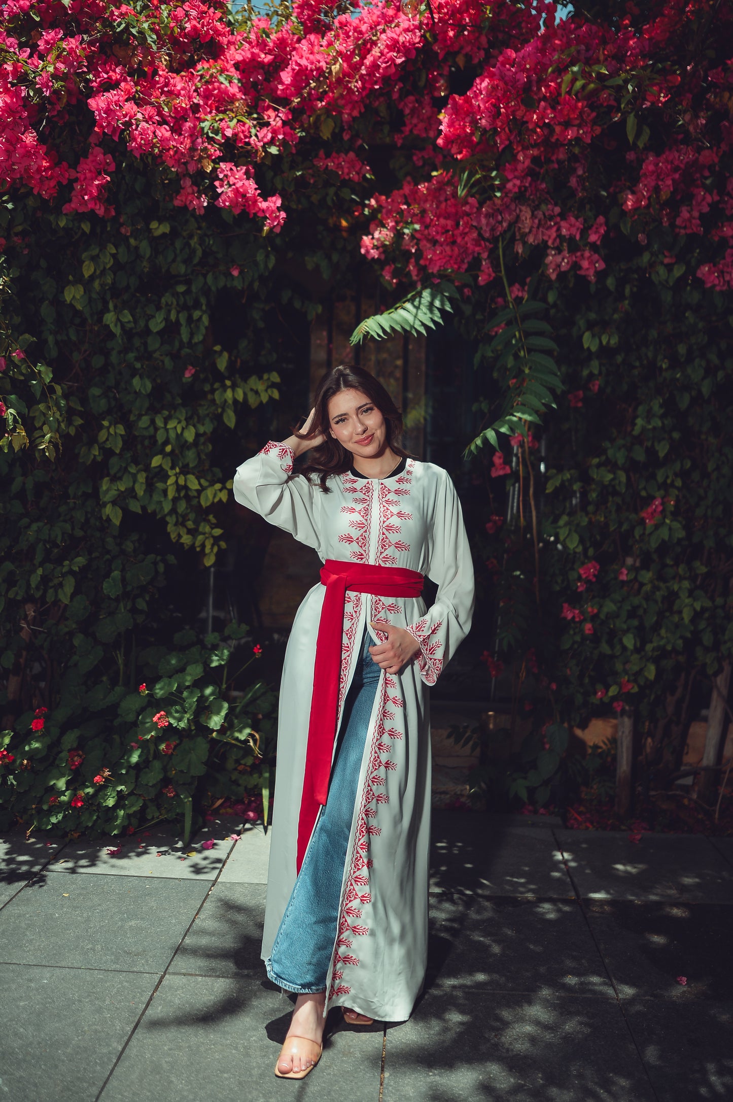 White Abaya with Red Embroidery Silk Belt