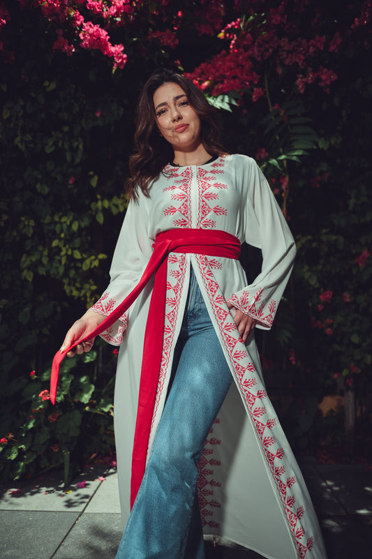 White Abaya with Red Embroidery Silk Belt