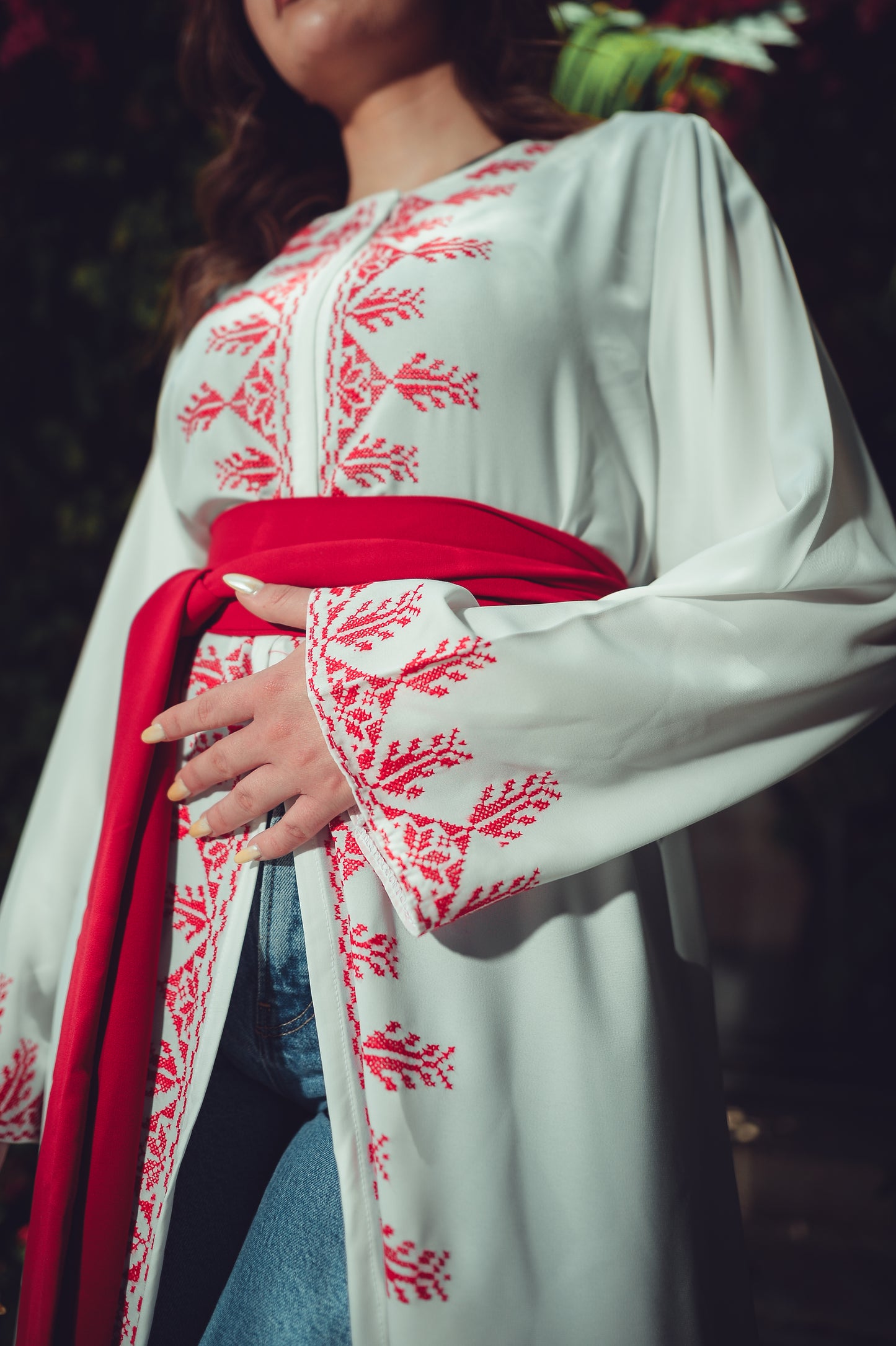 White Abaya with Red Embroidery Silk Belt