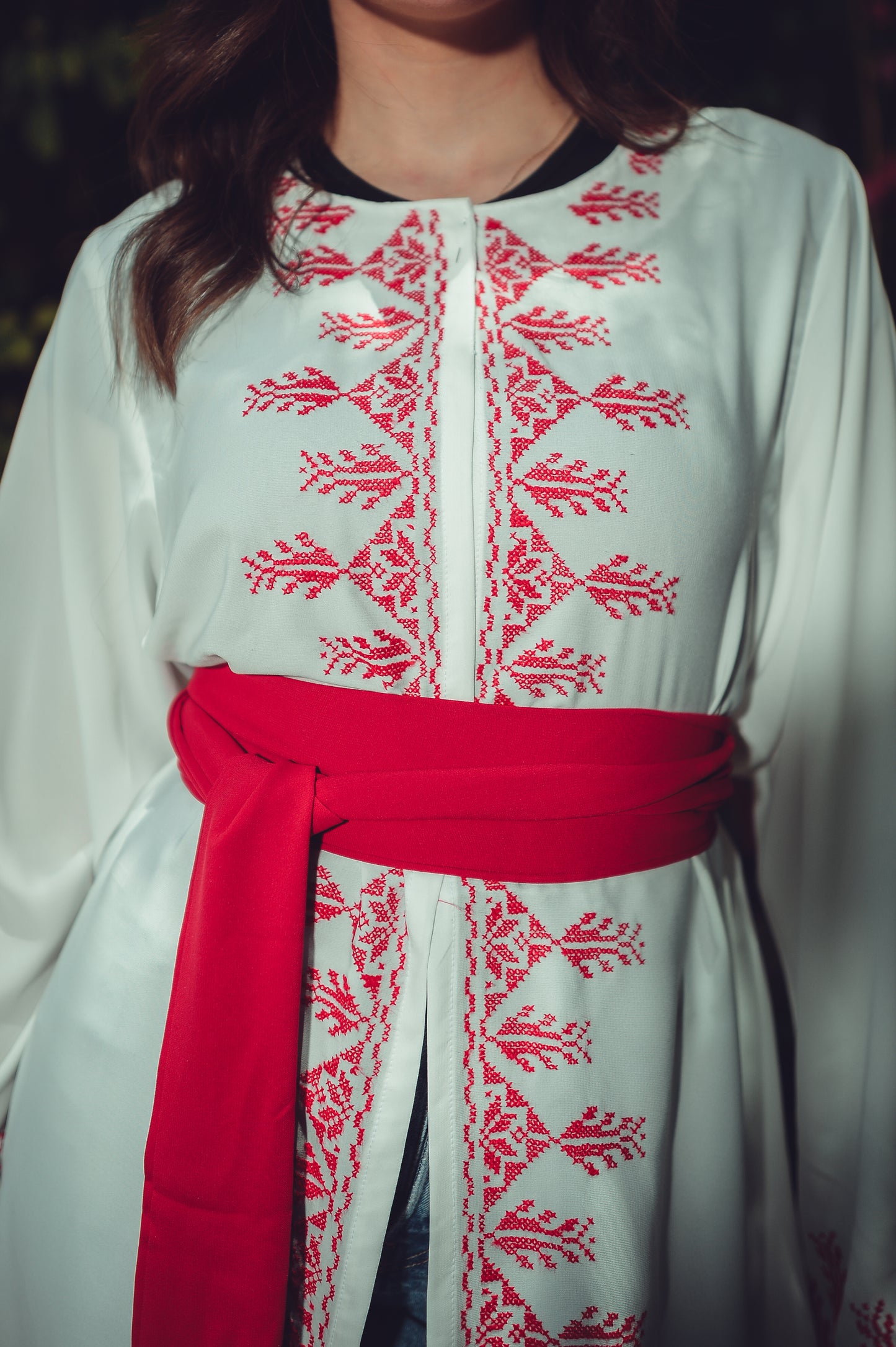 White Abaya with Red Embroidery Silk Belt