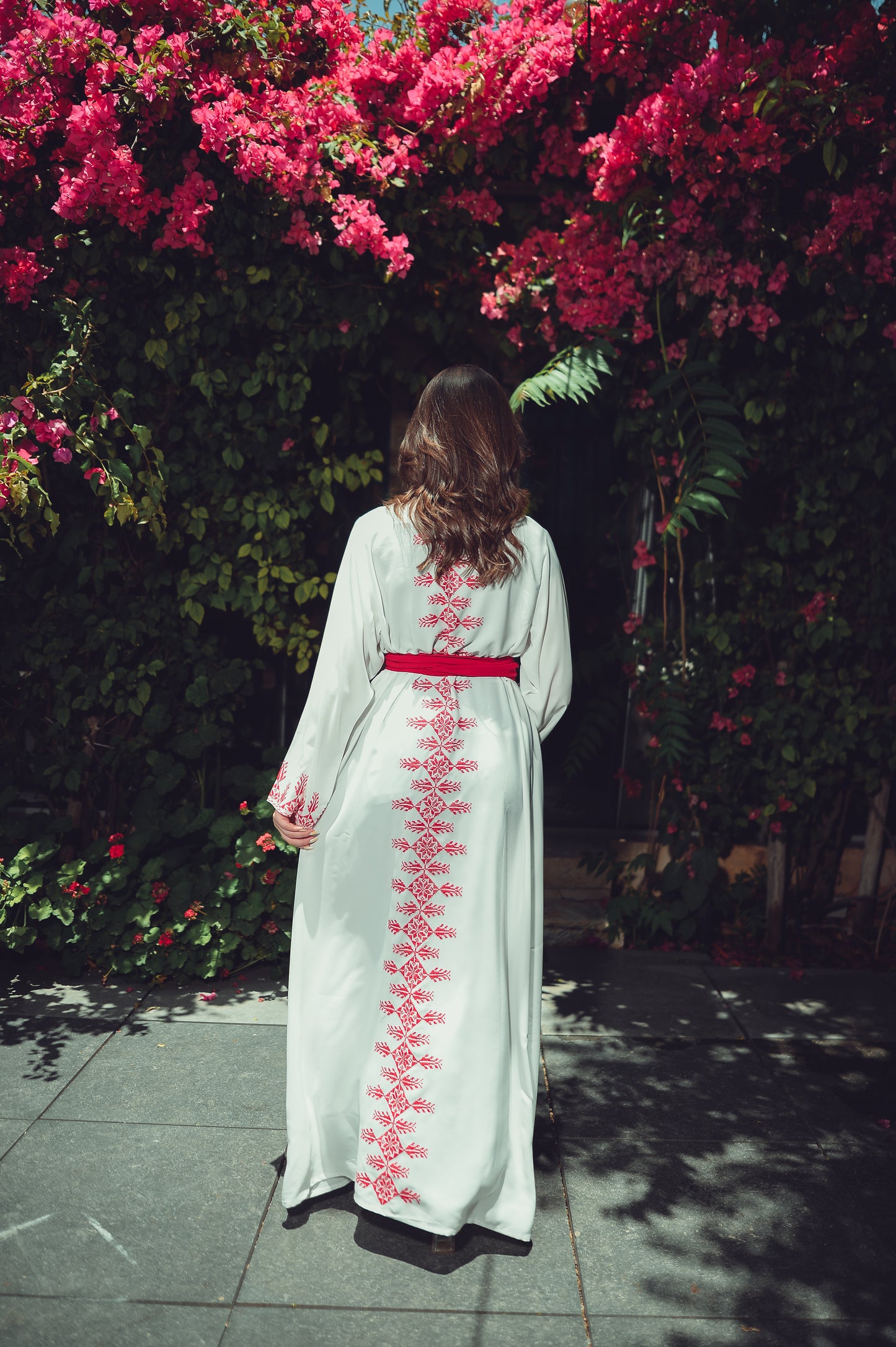 White Abaya with Red Embroidery Silk Belt