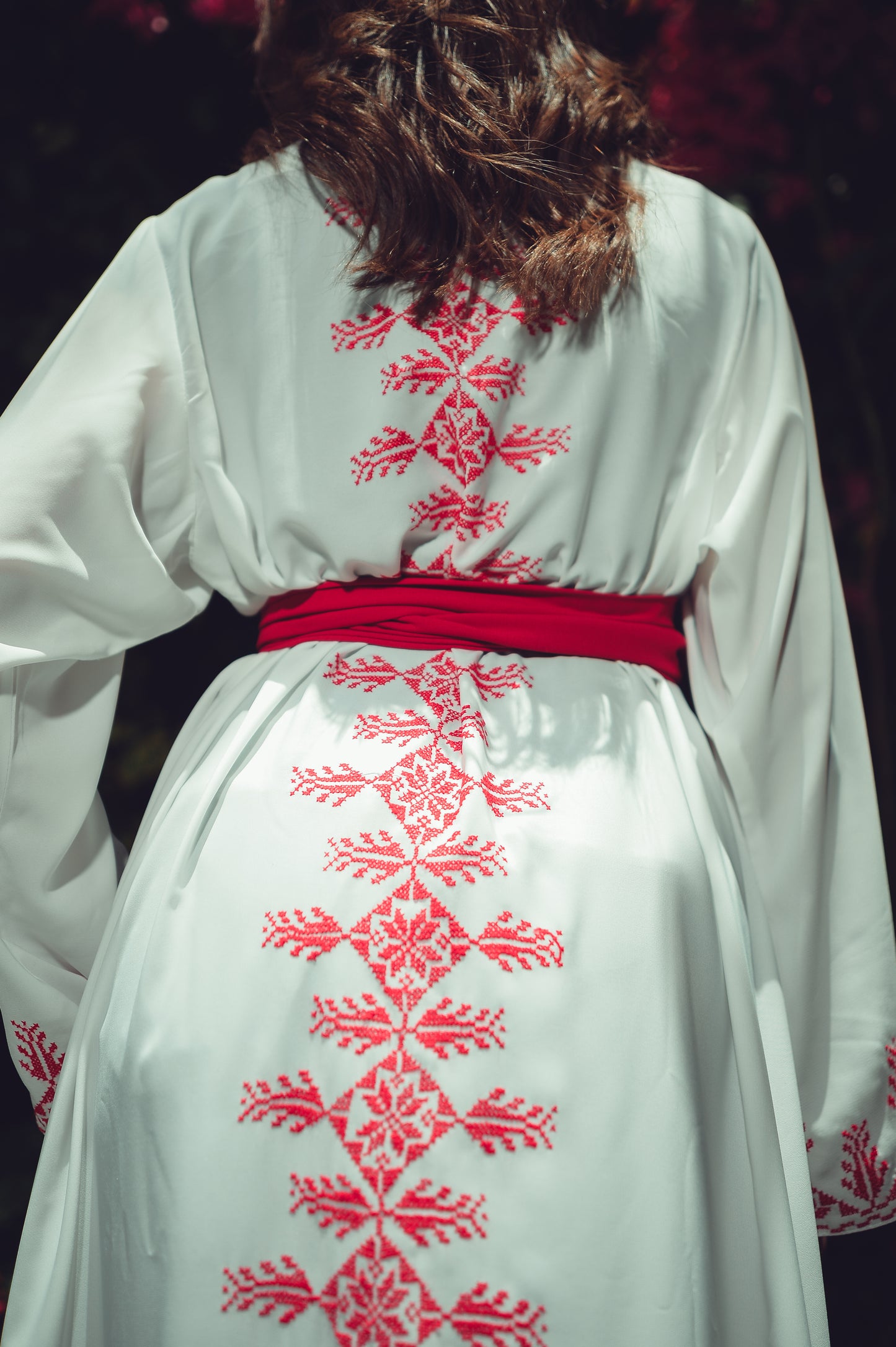 White Abaya with Red Embroidery Silk Belt