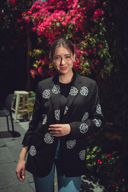 White on Black Embroidered Tatreez Blazer
