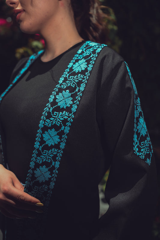 Black Blazer with Blue Front & Sleeve Embroidery