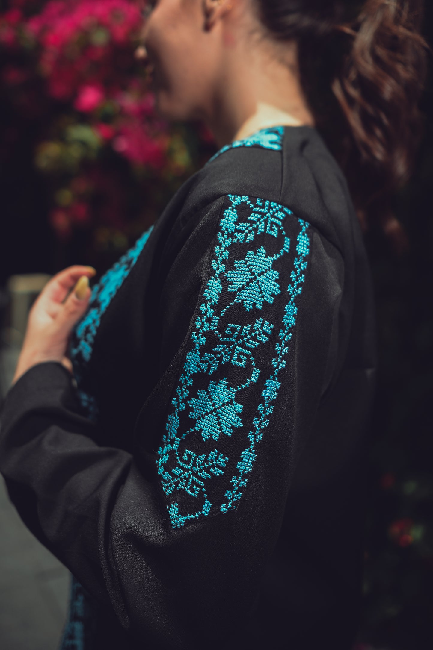Black Blazer with Blue Front & Sleeve Embroidery
