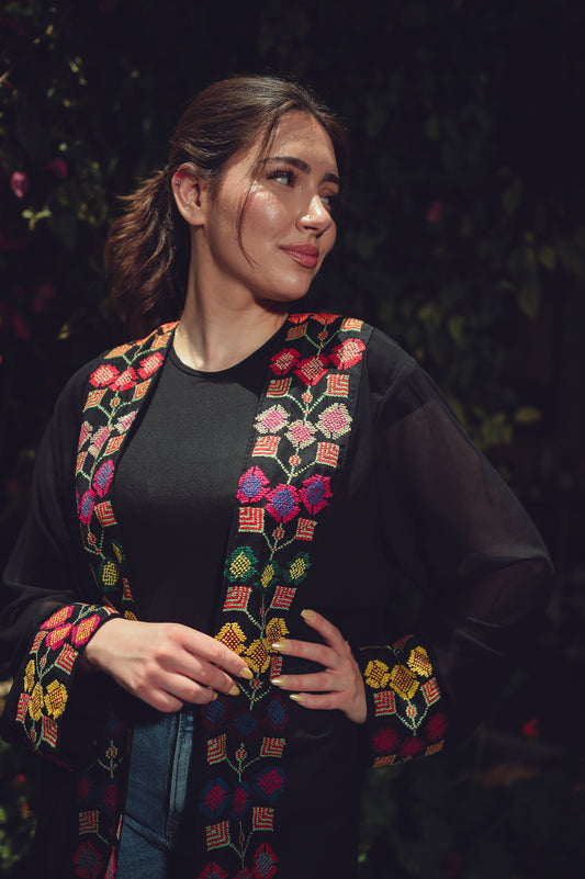 Black Sheer Chiffon Abaya – Hand-Embroidered Floral Motif