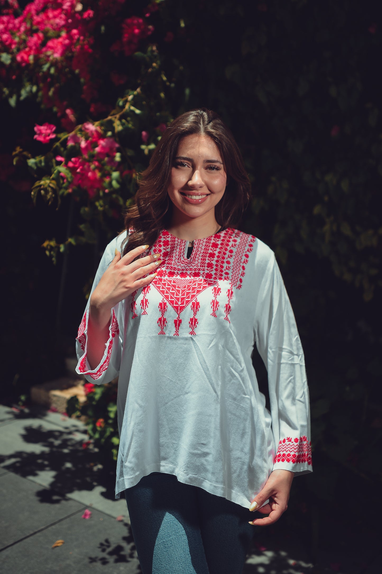Cotton Blouse with Red Traditional Triangle Embroidery & Tassels