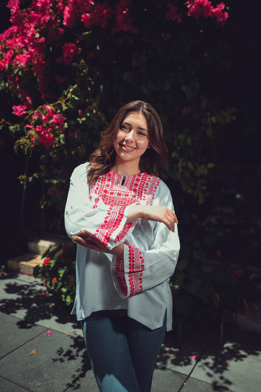 Cotton Blouse with Red Traditional Triangle Embroidery & Tassels