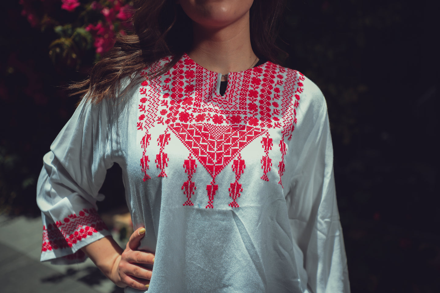 Cotton Blouse with Red Traditional Triangle Embroidery & Tassels