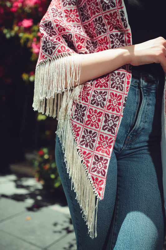 White Triangular Shawl – Aida (Etamine) Fabric with Hand Embroidery