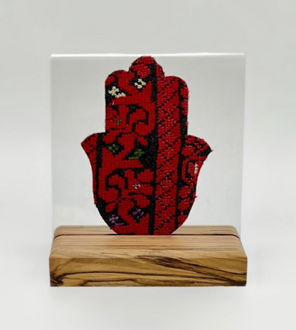 Khamsa on acrylic with olive wood