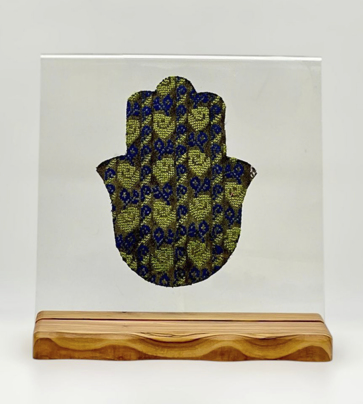 Khamsa on Acrylic with olive wood stand