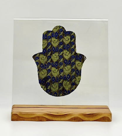 Khamsa on Acrylic with olive wood stand