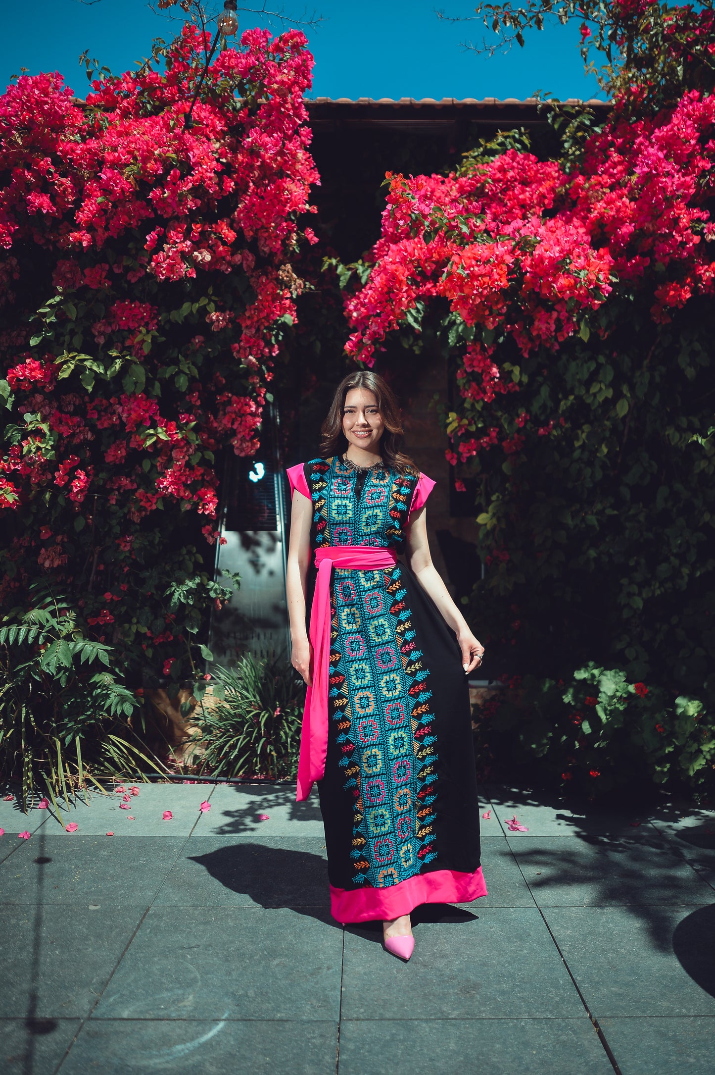 Vibrant Tatreez Dress with Fuchsia Silk Belt