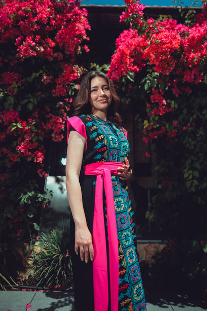 Vibrant Tatreez Dress with Fuchsia Silk Belt