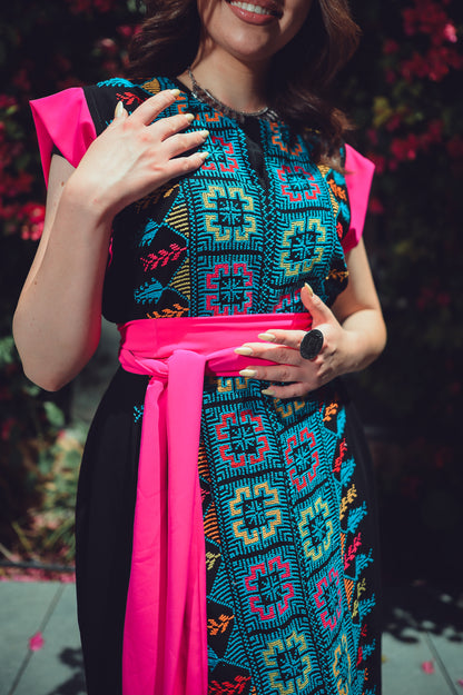 Vibrant Tatreez Dress with Fuchsia Silk Belt