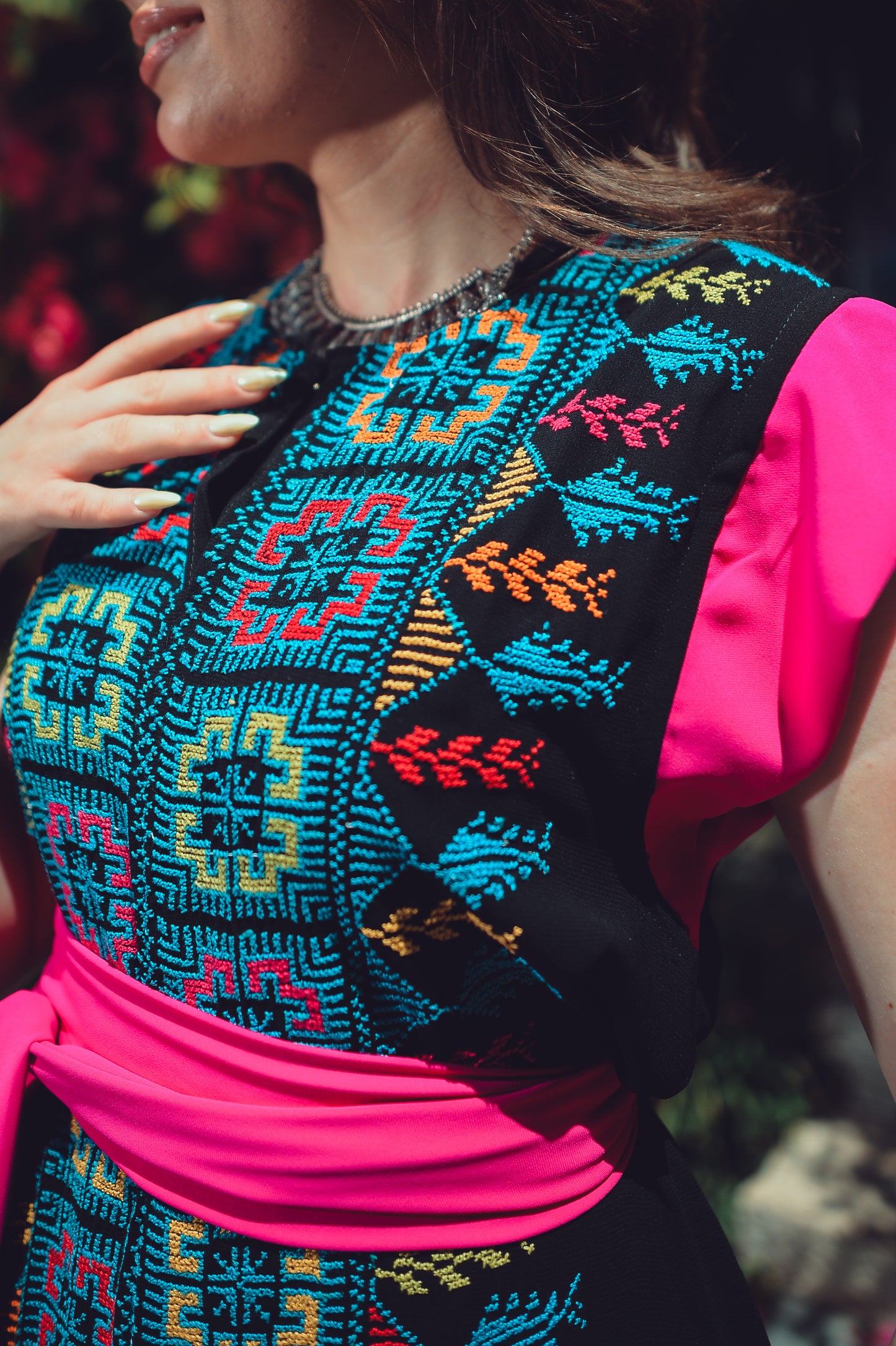 Vibrant Tatreez Dress with Fuchsia Silk Belt