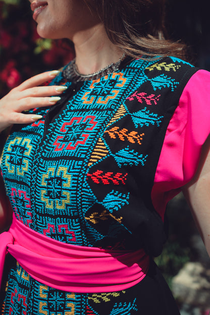 Vibrant Tatreez Dress with Fuchsia Silk Belt