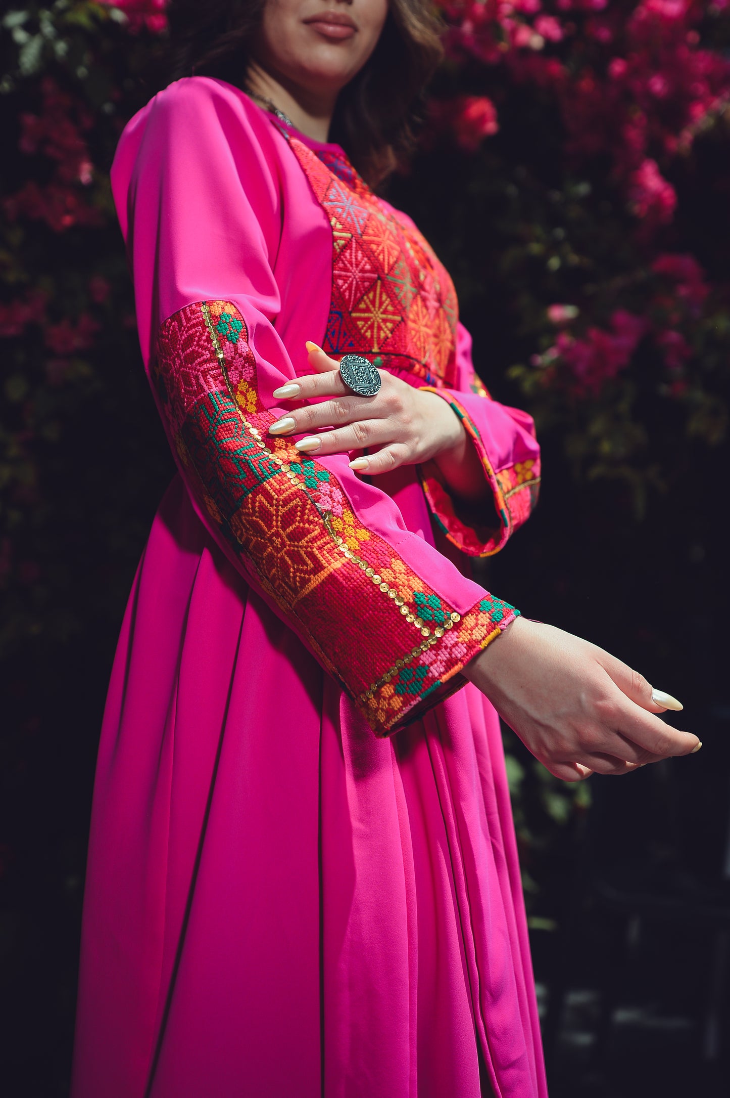 Fuchsia Dress with Vintage Sab’awi Thobe Elements