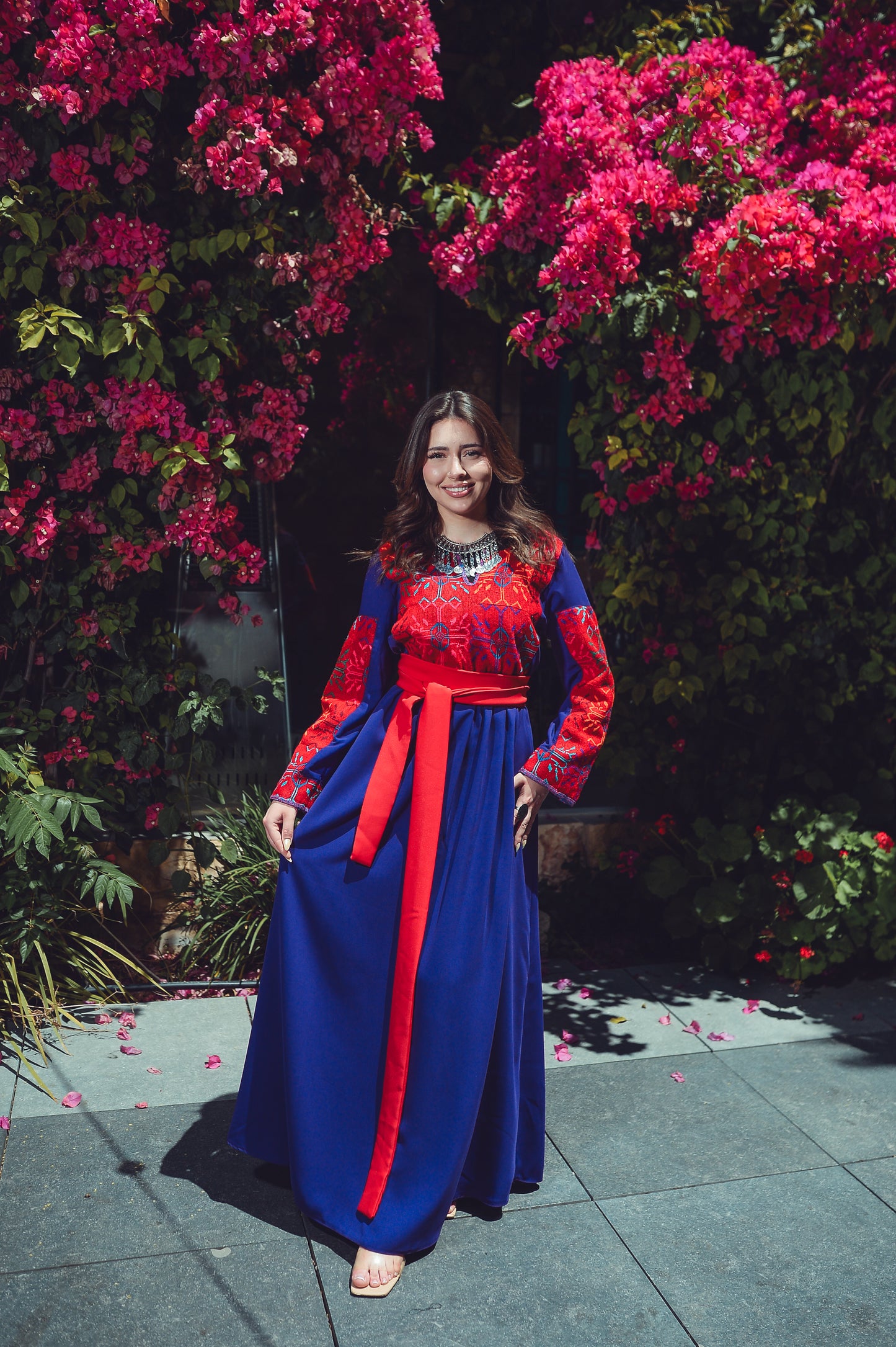 Deep Lilac Dress with Vintage Sab’awi Embroidery & Red Silk Belt