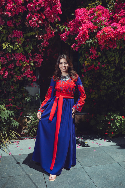 Deep Lilac Dress with Vintage Sab’awi Embroidery & Red Silk Belt