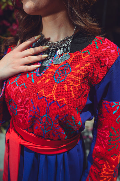 Deep Lilac Dress with Vintage Sab’awi Embroidery & Red Silk Belt