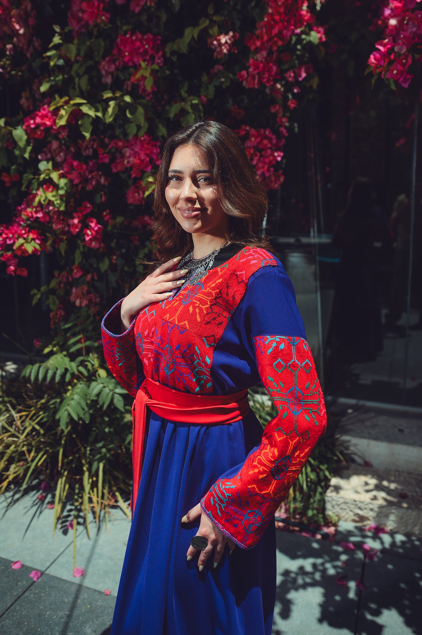 Deep Lilac Dress with Vintage Sab’awi Embroidery & Red Silk Belt