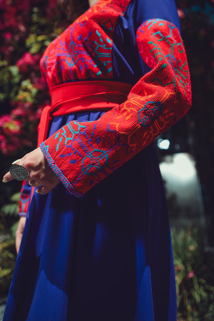 Deep Lilac Dress with Vintage Sab’awi Embroidery & Red Silk Belt