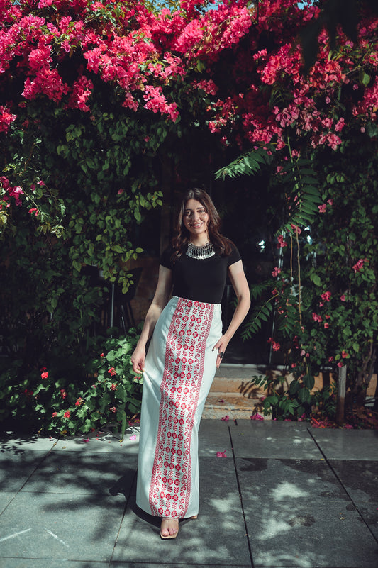 White Skirt with Red Embroidery – Front Detail