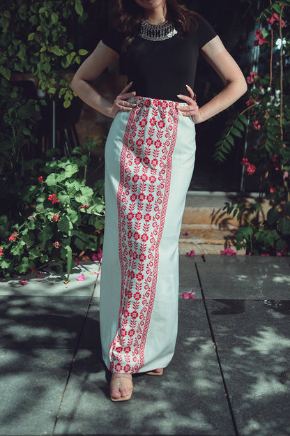 White Skirt with Red Embroidery – Front Detail