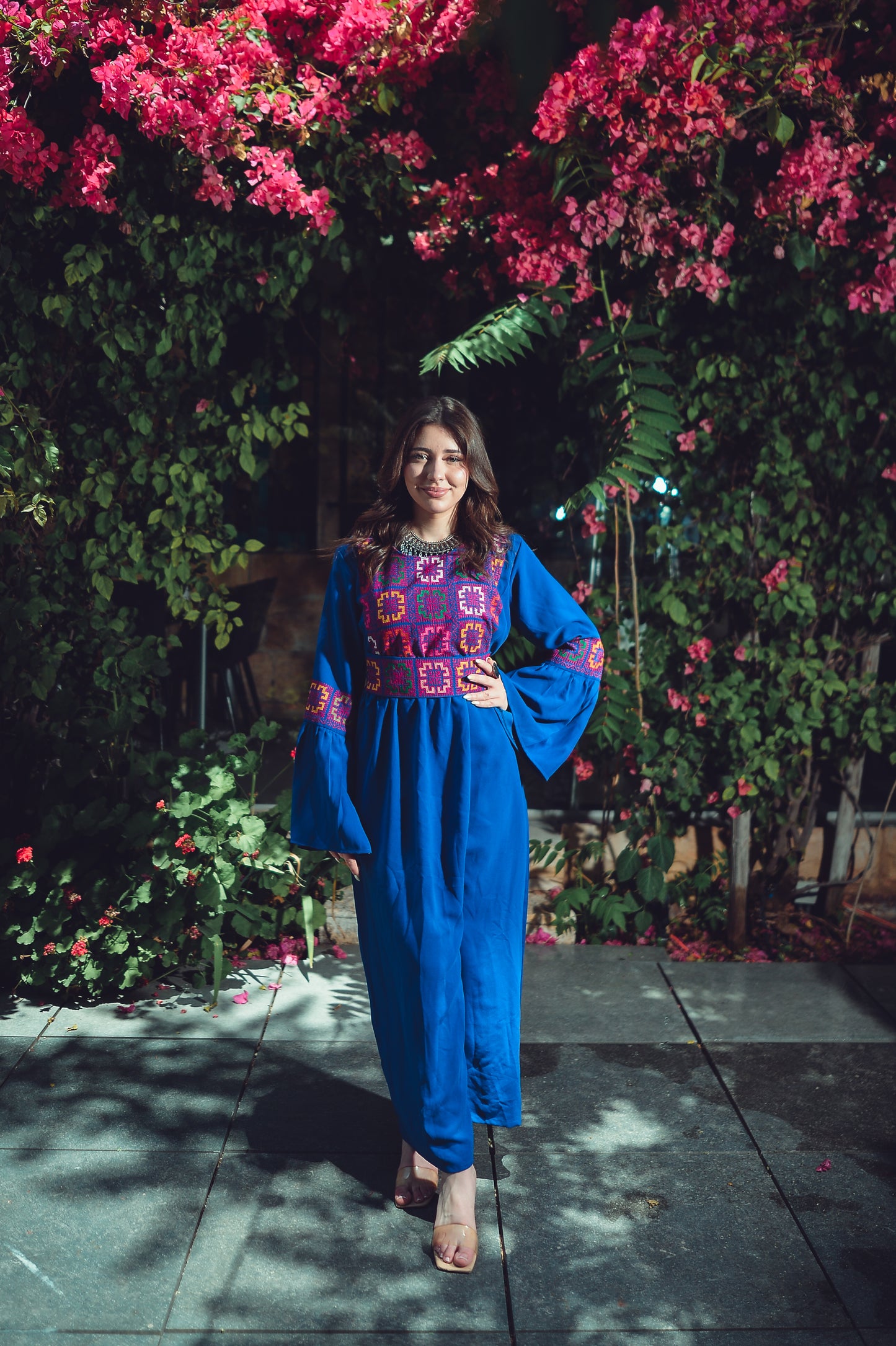 Electric Blue Dress with Hand-Embroidered Tatreez Belt & Bodice