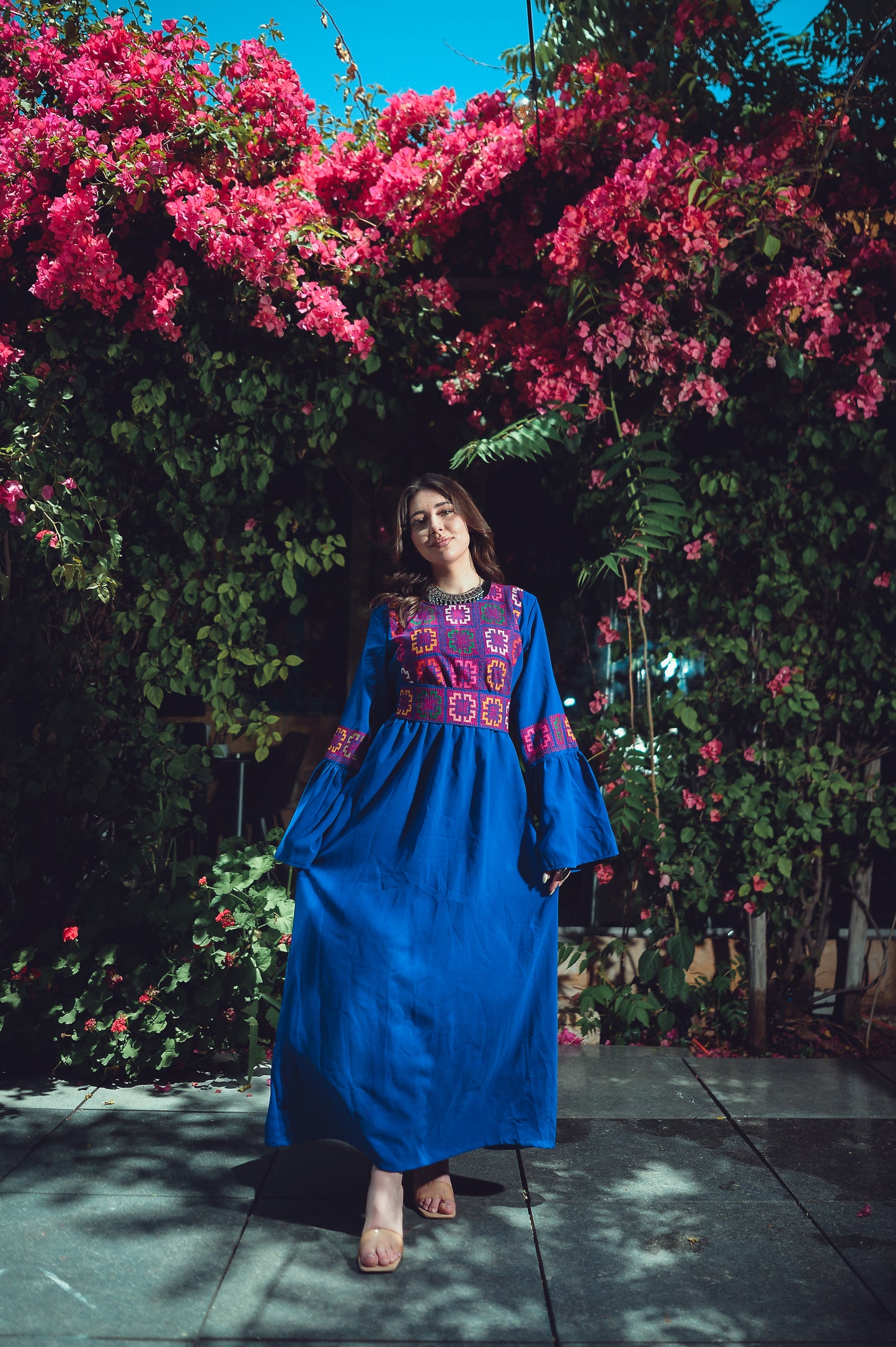 Electric Blue Dress with Hand-Embroidered Tatreez Belt & Bodice