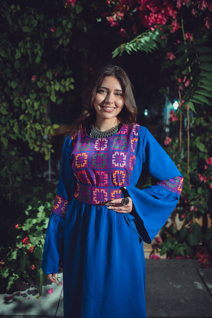 Electric Blue Dress with Hand-Embroidered Tatreez Belt & Bodice
