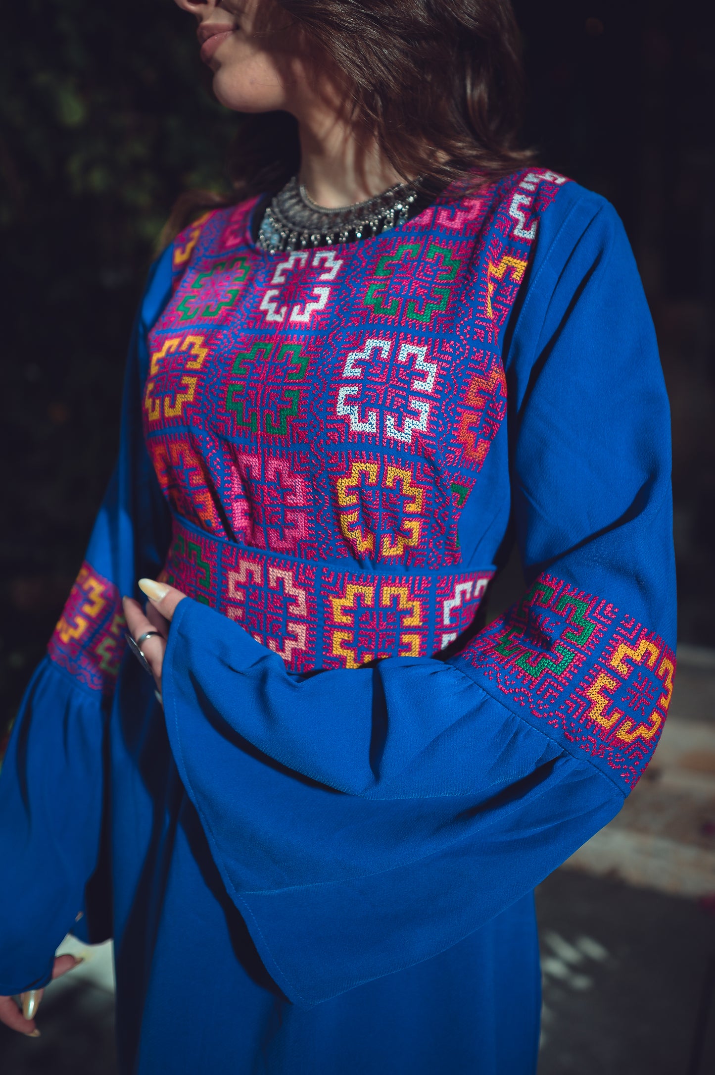 Electric Blue Dress with Hand-Embroidered Tatreez Belt & Bodice