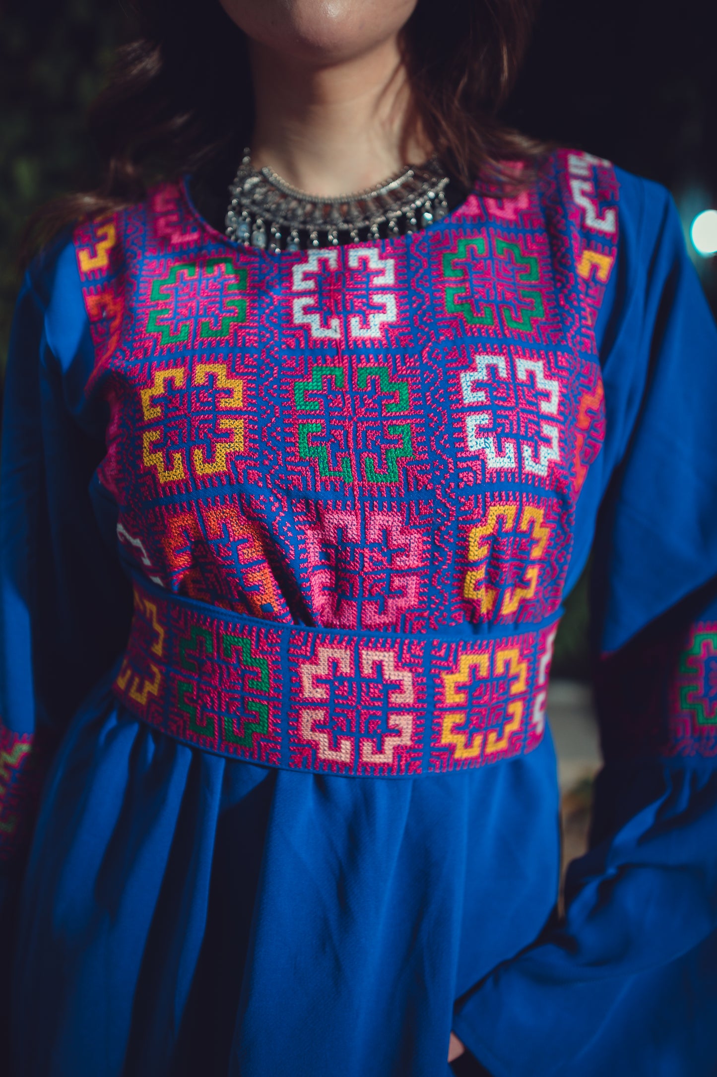 Electric Blue Dress with Hand-Embroidered Tatreez Belt & Bodice