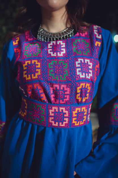 Electric Blue Dress with Hand-Embroidered Tatreez Belt & Bodice