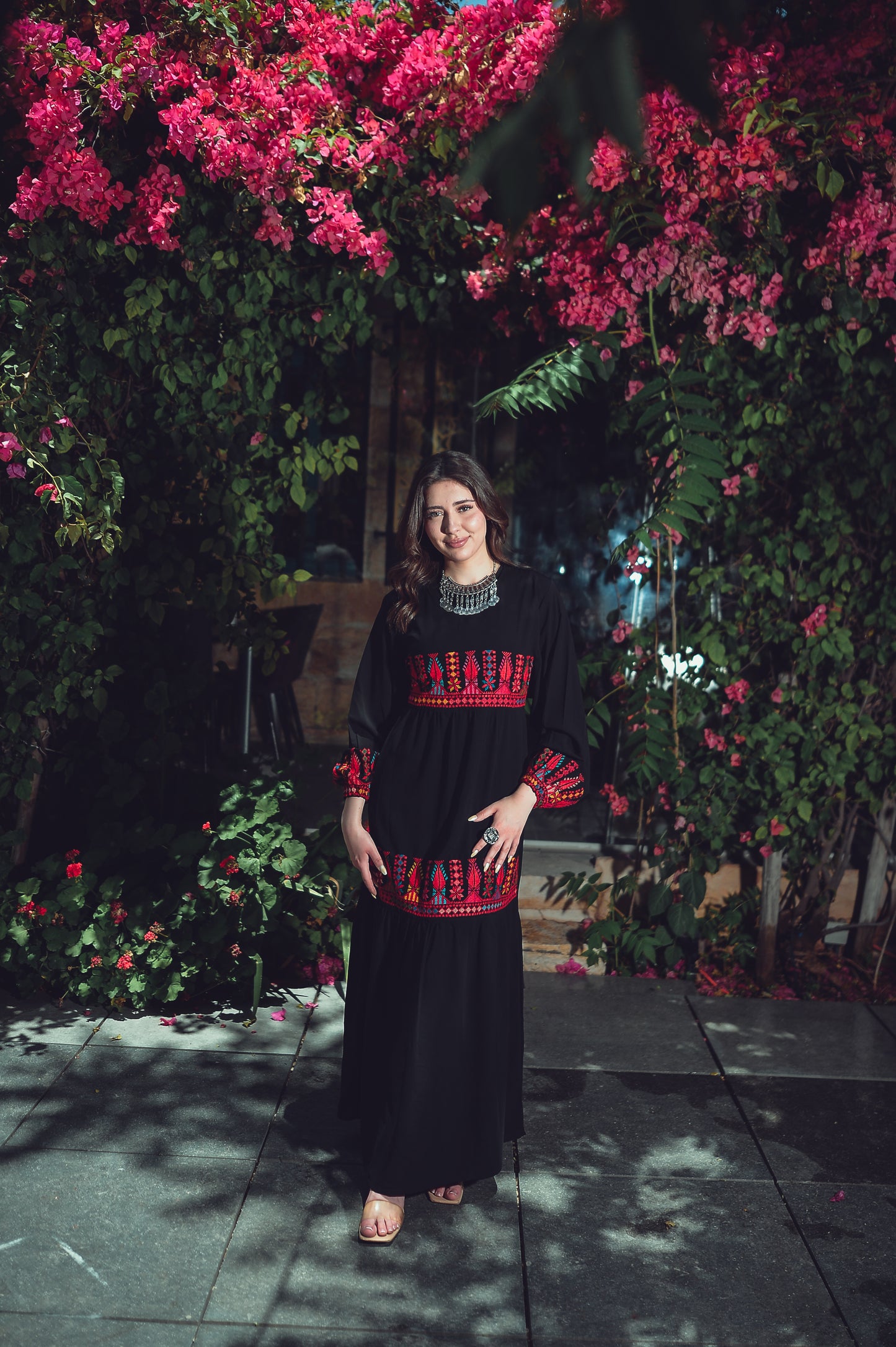 Black Dress with Traditional Hand Embroidery & Bold Back-Tie Belt