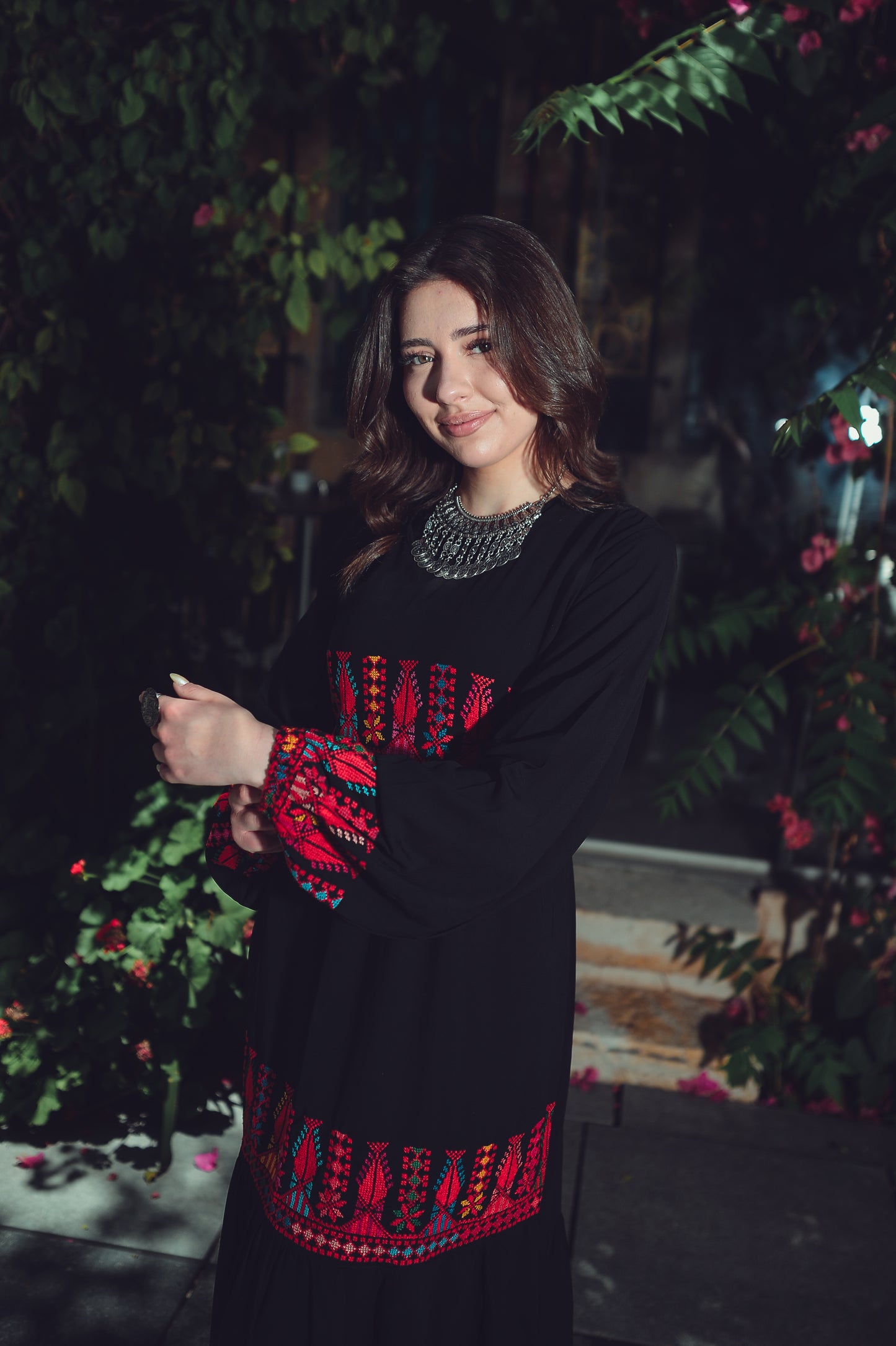 Black Dress with Traditional Hand Embroidery & Bold Back-Tie Belt