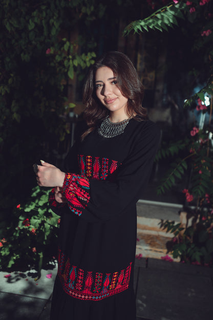 Black Dress with Traditional Hand Embroidery & Bold Back-Tie Belt